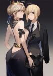  2girls ahoge artoria_pendragon_(all) artoria_pendragon_(lancer)_(fate) ass backless_dress backless_outfit bangs bare_arms bare_shoulders black_dress blonde_hair blue_eyes blue_ribbon braid breasts butt_crack coat coat_on_shoulders cross crown dress eyebrows_visible_through_hair fate/grand_order fate_(series) formal french_braid fumiho_(xzdt4574) green_eyes hair_ribbon highres multiple_girls necktie ponytail ribbon saber sideboob sidelocks suit 
