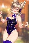 1girl ;d alternate_costume armpit_crease arms_up bangs bare_shoulders blonde_hair blurry blurry_background blush breasts cleavage commentary_request depth_of_field detached_collar earmuffs eyebrows_visible_through_hair eyelashes fingernails gold_bracelet hair_between_eyes kurokan_(kokkyou_oudan) large_breasts looking_at_viewer one_eye_closed open_mouth playboy_bunny purple_legwear shiny shiny_hair shiny_skin sidelocks skin_tight skindentation smile solo standing thighhighs thighs touhou toyosatomimi_no_miko wing_collar yellow_eyes 
