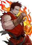  1boy artist_name belt black_belt blue_eyes boku_no_hero_academia brown_gloves clenched_hand clenched_teeth commentary cosplay dougi facial_hair fingerless_gloves fire flaming_hand furrowed_eyebrows gloves hand_up kadeart ken_masters ken_masters_(cosplay) looking_at_viewer male_focus muscular muscular_male no_pupils red_hair reward_available sanpaku short_hair simple_background sleeveless solo spiked_hair street_fighter stubble symbol_commentary teeth todoroki_enji torn_clothes torn_sleeves upper_body white_background 