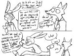  anthro black_and_white canid canine confusion dialogue disney duo female fox judy_hopps lagomorph leporid male male/female mammal monochrome nick_wilde parody rabbit red_fox running simple_background simple_eyes surprised_expression the_weaver zootopia 