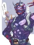  2boys arm_up armor belt bodysuit chikichi commentary_request gloves hand_on_hip helmet highres horns kamen_rider kamen_rider_hibiki kamen_rider_hibiki_(series) male_focus multiple_boys notice_lines purple_background purple_bodysuit purple_headwear red_gloves shoulder_armor simple_background solo_focus speech_bubble standing talking transformed_kyousuke translation_request two-tone_background upper_body v white_bodysuit white_headwear 