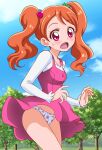  1girl bangs blue_sky blush brown_hair collarbone cowboy_shot day dress dress_lift eyebrows_visible_through_hair food_print from_side groin hanzou kirakira_precure_a_la_mode long_hair open_mouth outdoors panties pinafore_dress pink_dress precure print_panties red_eyes shiny shiny_hair shirt short_dress sky sleeveless sleeveless_dress solo standing strawberry_panties strawberry_print sweatdrop swept_bangs tree underwear usami_ichika white_panties white_shirt 