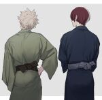  2boys bakugou_katsuki blonde_hair boku_no_hero_academia burn_scar facing_away from_behind grey_hair hand_on_hip japanese_clothes male_focus multicolored_hair multiple_boys red_hair sash scar short_hair spiked_hair todoroki_shouto two-tone_hair umi_(ul8nl) wide_sleeves 