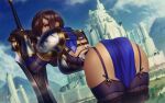  1girl armor artist_name ass black_gloves blue_eyes boots breastplate breasts brown_hair castle commentary dated garen_crownguard garter_straps gloves highres league_of_legends leaning_forward looking_back purple_legwear shoulder_armor signature solo sword themaestronoob thick_thighs thigh_boots thighhighs thighs weapon 
