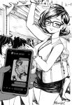  4girls absurdres bangs borrowed_character bra breasts cellphone closed_eyes coffee_maker_(object) collarbone desk english_commentary english_text glasses greyscale hair_behind_ear highres holding holding_clothes holding_phone holding_shirt ink_(medium) jewelry large_breasts looking_at_viewer mole mole_on_breast monochrome multiple_girls office_lady on_desk open_clothes open_shirt original pencil_skirt phone piggy_bank pov ravenhart shirt short_hair single_earring sitting sitting_on_desk skirt smartphone smile smug snowciel text_messaging traditional_media train_interior underwear 