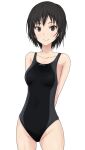  1girl amagami arms_behind_back black_hair black_swimsuit brown_eyes collarbone commentary competition_swimsuit cowboy_shot grey_swimsuit groin light_blush looking_at_viewer nanasaki_ai one-piece_swimsuit shizupu short_hair simple_background smile solo swimsuit two-tone_swimsuit v_arms wet white_background 