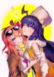  2girls :q ahoge asymmetrical_docking bangs blue_eyes breast_press breasts commentary_request eyewear_on_head fur_collar fur_hat girls_frontline hair_ribbon hat heart jacket kalina_(girls_frontline) long_hair looking_at_viewer medium_breasts money_gesture multiple_girls one_eye_closed orange_hair purple_hair ribbon side_ponytail smile stechkin_(girls_frontline) sunglasses syokumotu_gohan tongue tongue_out upper_body ushanka 