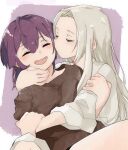  2girls alternate_costume bernadetta_von_varley blush cheek_kiss closed_eyes edelgard_von_hresvelg facing_another fire_emblem fire_emblem:_three_houses hair_between_eyes highres hug kiss long_hair medium_hair multiple_girls off_shoulder open_mouth smile yano_(spirit1022) yuri 