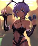  1girl animal_ears breasts bunny_ears bunny_girl dark_skin dark_skinned_female elbow_gloves fate/grand_order fate/prototype fate_(series) gloves hassan_of_serenity_(fate) hekonda_kan highres indoors looking_at_viewer playboy_bunny purple_eyes purple_hair short_hair solo 