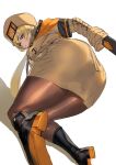  1girl absurdres ashiomi_masato ass bent_over black_gloves blonde_hair blue_eyes boots brown_coat brown_legwear coat commentary_request fur_hat gloves guilty_gear guilty_gear_strive hat highres looking_back millia_rage orange_scarf pantyhose scarf solo thighs ushanka 