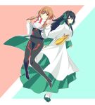  2girls bangs black_bodysuit bodysuit breasts brown_eyes clenched_hands commentary_request cosplay costume_switch eyebrows_behind_hair green_eyes green_footwear gundam gundam_build_divers gundam_build_divers_re:rise hair_between_eyes high_heels highres ishiyumi japanese_clothes kimono long_hair looking_back may_(gundam_build_divers_re:rise) may_(gundam_build_divers_re:rise)_(cosplay) medium_breasts mukai_hinata mukai_hinata_(cosplay) multiple_girls short_hair_with_long_locks shrug_(clothing) smile very_long_hair wide_sleeves 