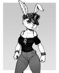  2021 ankh anthro bracelet breasts button_(fastener) cleavage clothed clothing ear_piercing female half-closed_eyes hat hat_over_one_eye headgear headwear hi_res industrial_piercing jewelry lagomorph leporid mammal narrowed_eyes piercing punk rabbit red_eyes ricksteubens solo 