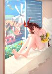  1girl amber_(genshin_impact) bare_legs barefoot breasts brown_hair cleavage collarbone feet flower genshin_impact head_tilt highres legs long_hair pillow red_ribbon ribbon sitting smile solo sunflower toes wer0 wind_chime window windowsill yellow_eyes 