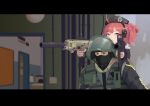  1boy 1girl absurdres ahoge bandit_(rainbow_six_siege) beret carrying crossover dual_wielding expressionless girls_frontline gun h&amp;k_mp7 hat highres holding mp7_(girls_frontline) piggyback rainbow_six_siege red_hair red_nails reflex_sight short_hair side_ponytail submachine_gun suppressor trigger_discipline weapon weapon_connection yellow_eyes yonao 