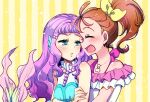  2girls :d ^_^ ^o^ armlet blouse blue_eyes blush bracelet closed_eyes commentary facing_another frilled_blouse grabbing_own_arm hair_strand half-closed_eyes halterneck head_fins hug hug_from_behind jewelry laura_(precure) lips lipstick looking_at_another looking_back makeup mermaid monster_girl multicolored multicolored_background multicolored_blouse multiple_girls natsuumi_manatsu noyuki1204 off_shoulder open_mouth orange_hair pearl_hair_ornament pink_blouse pink_hair pink_lips precure puckered_lips raised_eyebrow seashell shell shell_necklace side_ponytail sideways_mouth smile split_tail striped striped_background thick_eyebrows tropical-rouge!_precure upper_body waiting_for_kiss wavy_hair white_blouse yellow_background yuri 