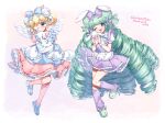  2girls ;d animal animal_ears animal_slippers apron bell blonde_hair blue_apron blue_bow blue_eyes blue_footwear bow bunny_ears cat character_name collared_dress commentary commission cutesu_(cutesuu) double_bun dress drill_hair eyepatch frilled_apron frills green_footwear green_hair hair_bell hair_bow hair_ornament holding holding_stuffed_toy jingle_bell kneehighs loafers long_hair medical_eyepatch multiple_girls one_eye_closed open_mouth original parted_lips pink_dress pink_legwear pleated_dress pleated_skirt puffy_short_sleeves puffy_sleeves purple_bow purple_legwear purple_skirt ribbon-trimmed_dress shirt shoes short_sleeves skeb_commission skirt slippers smile standing standing_on_one_leg stuffed_animal stuffed_bunny stuffed_toy suspender_skirt suspenders thank_you very_long_hair waist_apron white_apron white_cat white_shirt yamabukiiro 