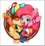  2015 apple applejack_(mlp) blonde_hair blue_eyes ciciya clothing duo earth_pony equid equine female food friendship_is_magic fruit green_eyes hair hat headgear headwear horse long_hair mammal my_little_pony open_mouth open_smile pink_hair pinkie_pie_(mlp) plant pony shirt signature smile teeth topwear 