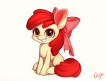  2015 accessory apple_bloom_(mlp) ciciya earth_pony equid equine female feral friendship_is_magic hair hair_accessory hair_bow hair_ribbon horse mammal my_little_pony pony red_hair ribbons signature simple_background sitting smile solo teeth 