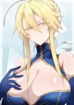  1girl ? ahoge artoria_pendragon_(all) artoria_pendragon_(lancer)_(fate) bangs blonde_hair blue_gloves breasts cleavage elbow_gloves eyebrows_visible_through_hair fate/grand_order fate_(series) french_kiss gloves green_eyes hair_between_eyes hair_bun hand_on_own_chest highres indoors kiss large_breasts looking_at_viewer looking_down nogi_(acclima) sidelocks 