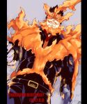  1boy blue_bodysuit blue_eyes bodysuit boku_no_hero_academia bulge covered_abs cowboy_shot dutch_angle fire highres male_focus mature_male muscular muscular_male omega_2-d pectorals red_hair scar scar_across_eye short_hair sideburns skin_tight solo spiked_hair superhero todoroki_enji 