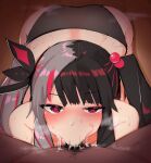  1girl ahoge arclo_(shitonai) bare_shoulders black_panties blush cum cum_in_throat deepthroat fellatio hair_ornament hetero long_hair male_pubic_hair multicolored_hair nijisanji oral panties pubic_hair red_eyes solo_focus twintails underwear virtual_youtuber yorumi_rena 