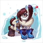  2016 accessory alternate_species blizzard_entertainment boots brown_hair ciciya clothing coat crossover earth_pony equid equine eyewear female feral footwear glasses hair hair_accessory horse ice mammal mei_(overwatch) my_little_pony overwatch ponification pony signature smile solo teeth topwear video_games 