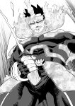  1boy abs ass_visible_through_thighs bar_censor bara beard bodysuit boku_no_hero_academia censored covered_abs covered_navel cum ejaculation erection facial_hair fire from_below greyscale hairy highres large_pectorals leg_hair male_focus male_masturbation masturbation mature_male monochrome muscular muscular_male pain-lucky777 projectile_cum scar scar_across_eye short_hair sideburns solo spiked_hair thick_thighs thighs todoroki_enji veins 