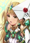  1girl bangs blonde_hair breasts chest_jewel dress elbow_gloves gem gloves headpiece konoha2014 large_breasts long_hair looking_at_viewer mythra_(massive_melee)_(xenoblade) mythra_(xenoblade) sekitou short_dress smash_invitation solo super_smash_bros. swept_bangs tiara very_long_hair white_dress white_gloves xenoblade_chronicles_(series) xenoblade_chronicles_2 yellow_eyes 