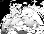  1boy beard boku_no_hero_academia bursting_pecs covered_abs facial_hair fire fukurau greyscale highres large_pectorals looking_to_the_side male_focus mature_male monochrome muscular muscular_male pectorals short_hair sideburns skin_tight solo spiked_hair superhero todoroki_enji upper_body 