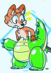  2020 animate_inanimate anthro anthro_to_inanimate brown_body canid dragon glistening glistening_body green_body inanimate_transformation inflatable inflation living_inflatable male mammal memopemo red_eyes simple_background solo species_transformation standing surprise transformation white_background 
