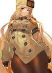  1girl absurdres ashiomi_masato bangs black_gloves blonde_hair blue_eyes breasts brown_legwear buttons commentary_request fingerless_gloves fur_hat gloves guilty_gear guilty_gear_strive hat highres large_breasts long_hair long_sleeves looking_at_viewer millia_rage pantyhose smile solo thighs ushanka very_long_hair 