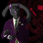  4_arms 4_eyes anthro cat_demon cuff_links green_eyes green_necktie hi_res male multi_arm multi_eye multi_limb necktie nick_nocturne nightmind pocket_square purple_eyes purple_suit remoblockade smiley_face solo teeth_showing 