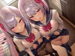  2girls bow bra original panties pantyhose purple_eyes purple_hair school_uniform see_through shimashima08123 skirt_lift underwear 