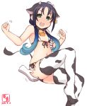  1girl alternate_costume anger_vein animal_ears animal_print artist_logo bell bikini black_hair commentary_request cow_ears cow_horns cow_print cow_tail cowbell cowboy_shot dated disembodied_limb ear_tag fake_animal_ears fake_horns flat_chest front-tie_top green_eyes highres holding horns kanon_(kurogane_knights) kantai_collection long_hair low_twintails one-hour_drawing_challenge open_mouth ribbon simple_background sitting suzukaze_(kancolle) swimsuit tail thighhighs twintails white_background white_bikini white_legwear 