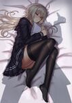  1girl ahoge bed black_legwear fate/grand_order fate_(series) feet highres jeanne_d&#039;arc_(alter)_(fate) jeanne_d&#039;arc_(fate)_(all) long_hair looking_at_viewer lying nairobi_song no_shoes on_bed pillow pillow_hug school_uniform serafuku shadow silver_hair skirt thighhighs yellow_eyes 