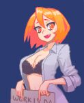  1girl black_bra blue_background blush bra breasts cleavage collarbone eyebrows_visible_through_hair fang hcnone highres large_breasts long_sleeves looking_at_viewer open_clothes open_mouth open_shirt orange_eyes orange_hair original pixel_art shirt short_hair simple_background smile sweatdrop underwear white_shirt 