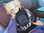  1boy 1girl black_legwear blonde_hair doll doll_joints dutch_angle face_hold glasses hat highres joints leg_grab long_hair looking_at_viewer ogami_kazuki original pov round_eyewear spread_legs yellow_eyes 