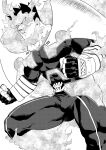  1boy ass_visible_through_thighs bara beard blue_bodysuit bodysuit boku_no_hero_academia bulge covered_abs covered_navel facial_hair feet_out_of_frame fighting_stance fingerless_gloves fire gloves greyscale highres large_pectorals looking_to_the_side male_focus mature_male monochrome muscular muscular_male pain-lucky777 scar scar_across_eye short_hair sideburns skin_tight solo spiked_hair thick_thighs thighs todoroki_enji 