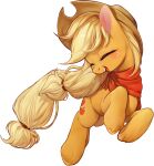  2016 applejack_(mlp) blonde_hair ciciya clothing cutie_mark earth_pony equid equine female feral freckles friendship_is_magic hair hat headgear headwear horse long_hair mammal my_little_pony open_mouth open_smile pony scarf simple_background smile solo teeth tongue 