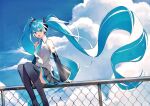  1girl absurdly_long_hair aqua_eyes aqua_hair aqua_nails aqua_neckwear bare_shoulders black_legwear black_skirt black_sleeves chain-link_fence cloud cloudy_sky commentary day detached_sleeves feet_out_of_frame fence floating_hair grey_shirt hair_ornament hatsune_miku headphones headset heridy highres long_hair looking_at_viewer miniskirt nail_polish necktie open_mouth outdoors pleated_skirt shirt shoulder_tattoo sitting_on_fence skirt sky sleeveless sleeveless_shirt smile solo tattoo thighhighs twintails very_long_hair vocaloid zettai_ryouiki 