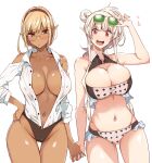  2girls ahoge ass_visible_through_thighs asymmetrical_hair bare_legs bare_shoulders bikini bikini_bottom black_bikini blonde_hair blue_nails blush breasts brown_eyes cleavage cleavage_cutout clothing_cutout collarbone collared_shirt commentary cowboy_shot dark_skin dark_skinned_female eyebrows_visible_through_hair eyewear_on_head glasses green-tinted_eyewear hair_bun hairband hand_on_eyewear hand_on_hip heart highleg highleg_bikini highleg_swimsuit highres holding_hands interlocked_fingers large_breasts looking_at_viewer looking_over_eyewear midriff multiple_girls nail_polish navel open_clothes open_mouth open_shirt original pointy_ears puckered_lips red_eyes shirt shirt_tucked_in short_hair short_hair_with_long_locks shoulder_cutout side_bun sidelocks silver_hair simple_background smile stomach sunglasses swimsuit tan thigh_gap thighs tinted_eyewear tokiwa_midori_(kyokutou_funamushi) two-tone_bikini unbuttoned white_background white_bikini white_hair wing_collar yuri 