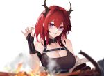  1girl absurdres arknights armband bangs bare_shoulders black_dress breasts chinese_commentary cleavage commentary_request dress fire flame hair_between_eyes hair_intakes hand_up highres horns large_breasts looking_at_viewer medium_hair mixed-language_commentary parted_lips purple_eyes red_hair salt_bae_(meme) simple_background sleeveless sleeveless_dress smoke solo surtr_(arknights) upper_body white_background xiaobei 