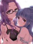  00mikkyway00_(darowaiyo) 2girls armband bangs bangs_pinned_back black_bra blue_bra blue_eyes bra breasts cleavage closed_mouth collarbone commentary_request eyebrows_visible_through_hair glasses hair_ribbon hand_on_another&#039;s_chest kagamihara_sakura large_breasts long_hair multiple_girls parted_lips purple_hair ribbon shima_rin sidelocks simple_background small_breasts smile underwear upper_body wavy_hair white_background yuri yurucamp 