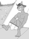  anthro briefs canid canine clothing dressing furgonomics fuze greyscale grin hat hat_only headgear headgear_only headwear headwear_only hi_res looking_at_viewer luis_(fuze) male mammal monochrome mostly_nude public_nudity reclining smile solo tighty_whities underwear underwear_around_one_leg white_clothing white_underwear 