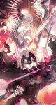  2girls armor armored_dress bare_shoulders black_dress blonde_hair breasts chain closed_eyes dress dual_wielding eyebrows_visible_through_hair fate/apocrypha fate/grand_order fate_(series) flag from_side highres holding holding_flag holding_sword holding_weapon jeanne_d&#039;arc_(alter)_(fate) jeanne_d&#039;arc_(fate) jeanne_d&#039;arc_(fate)_(all) looking_at_viewer multiple_girls no-kan open_mouth plackart silver_hair smirk sword weapon white_dress yellow_eyes 