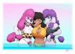  2019 anthro big_breasts big_snout bikini breasts brown_body brown_fur brown_hair canid canine canis clothing curled_hair domestic_dog ear_piercing ear_ring eye_contact female female/female fluffy fluffy_ears fluffy_tail fur goodgirlquinn group hair half-closed_eyes holding_each_other invalid_tag lavender_(rip_k) long_ears long_muzzle looking_at_another makeup mammal narrowed_eyes nipple_outline open_mouth panther_print pawpads piercing pink_background pink_body pink_fur pink_hair poodle puffy_hair purple_body purple_fur purple_hair rip_k rip_kackel simple_background smile standing swimwear teeth_visible trio wide_hips 