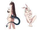  2girls absurdres animal_ears animal_print ass bare_arms bare_legs bare_shoulders barefoot bikini black_bikini blush bra breasts brown_hair bunny_ears bunny_panties bunny_print closed_mouth cocktail_glass cropped_legs crossed_legs cup drinking_glass from_side glasses grey_hair hairband hand_on_hip highres horns jiliang_jiying_yumao large_breasts lizard_tail long_hair looking_at_viewer medium_hair multiple_girls multiple_horns navel panties pink_bra pink_panties print_panties profile red-framed_eyewear red_ribbon ribbon simple_background sitting smile standing swimsuit tail tail_ornament tail_ribbon underwear underwear_only virtuareal white_background yellow_eyes 