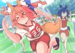  &gt;_&lt; 5girls animal_ear_fluff animal_ears blue_ribbon blush breasts closed_eyes closed_mouth collarbone eyebrows_visible_through_hair faceless fate/extella fate/extra fate/grand_order fate_(series) fox_ears fox_girl fox_tail hair_ribbon highres motion_lines multiple_girls pink_hair ribbon sandals sweat tail tamamo_(fate)_(all) tamamo_no_mae_(fate) wavy_mouth wisespeak 