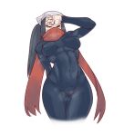  1girl abs black_bodysuit bodysuit breasts covered_navel covered_nipples cropped_legs female_protagonist_(pokemon_legends:_arceus) grey_eyes guido_(sucurapu) hand_over_face head_scarf highres long_hair looking_at_viewer medium_breasts pokemon pokemon_(game) pokemon_legends:_arceus red_scarf scarf sidelocks solo white_headwear 