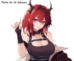 1girl absurdres arknights armband bangs bare_shoulders black_dress breasts chinese_commentary cleavage commentary_request dress hair_between_eyes hair_intakes hand_up highres horns large_breasts looking_at_viewer medium_hair milestone_celebration mixed-language_commentary parted_lips purple_eyes red_hair salt_bae_(meme) simple_background sleeveless sleeveless_dress solo surtr_(arknights) upper_body white_background xiaobei 